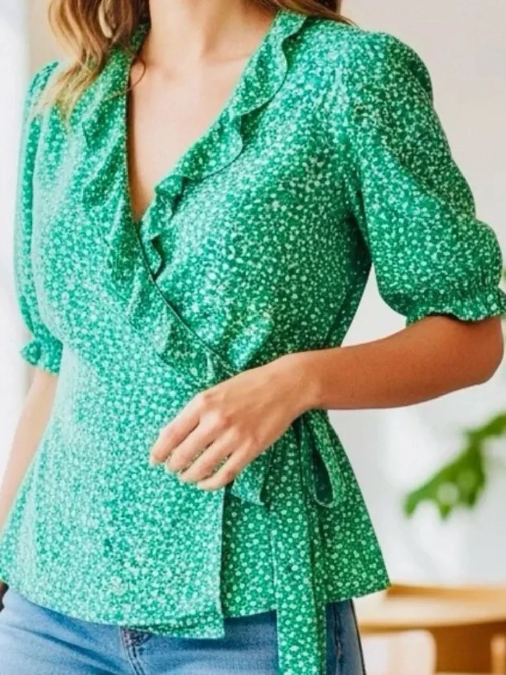 Green Floral Wrap Top Cottagecore Prairie Trad Wife Blouse Ruffle Trim Small GUC